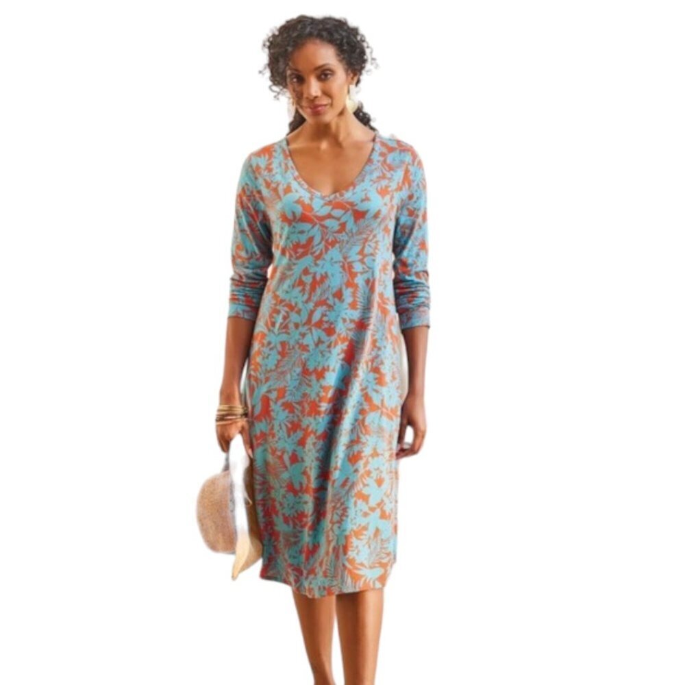 Soft Surroundings Santiago Blue Skies Floral V Neck Dress